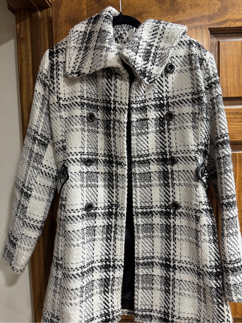 Iz Byer Black and White Plaid Double-Breasted Pea Coat